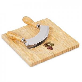 Relaxdays Hachoir Berceuse Planche Bambou Acier Inoxydable Couteau Double Lame 20x20 Nature Argenté