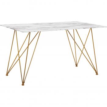 Gold Luxe Dining Table – Marble Finish, White Glass Top, Metal Legs