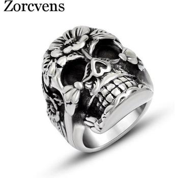 ZORCVENS Vintage Silver-Color Stainless Steel Skull Ring