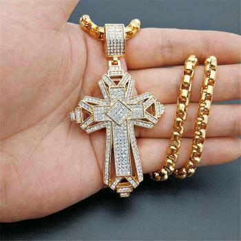 Iced Out Gold Stainless Steel Men's Big Cross Pendant Necklace