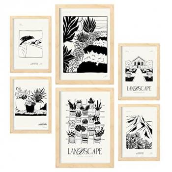Láminas Artísticas Jardín de Suculentas en Tinta Negra - Set de 6 con Marcos de Madera