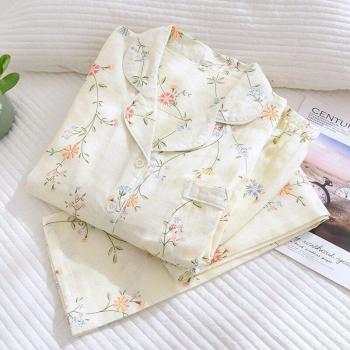 Fdfklak Women's 100% Cotton Gauze Floral Print Pajama Suit
