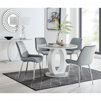 FurnitureboxUK Giovani Round 4 Seat 100cm White High Gloss Halo Base Grey Glass Top Dining Table 4 Soft Velvet Silver Leg Pesaro Chairs