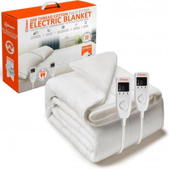 Luxury Electric Heated Blanket - Super King Size, White, 200 Thread Count, Cotton Padded