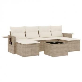 Salon de jardin en résine tressée beige 7 pièces avec coussins