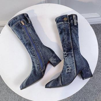 Denim Cowboy Mid Calf High Heel Boots