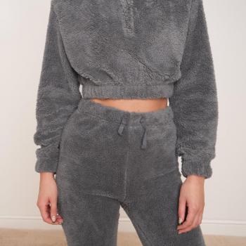 OHS Teddy Fleece Cropped Half-Zip Hoodie, Grey - UK 8-10