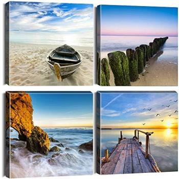 Artscope 4 panneaux art mural – bateaux en bois, enjeux & piles de plage