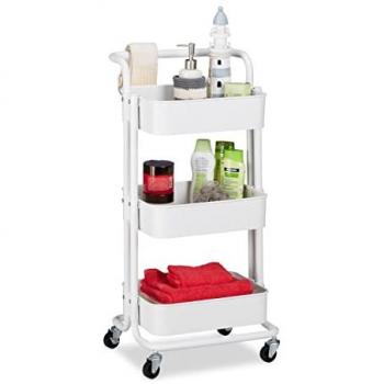 Carrello da Bagno Relaxdays, 3 Ripiani, 2 Freni, Bianco