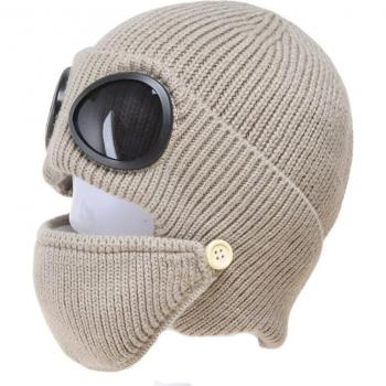 Winter Warm 2 in 1 Ribbed Knitted Beanie and Mask Set with Goggles