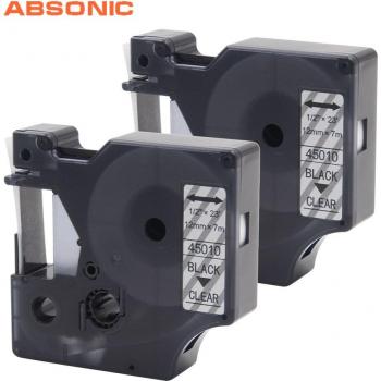 Absonic 2-Pack 12MM DYMO D1 45010 Black on Clear Label Tape Cassette