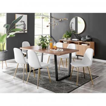 FurnitureboxUK Kylo Large Brown Wood Effect Dining Table & 6 Corona Gold Leg Faux Leather Chairs