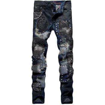 Sokotoo Men's Slim Straight Jeans with Rivet and Owl Design