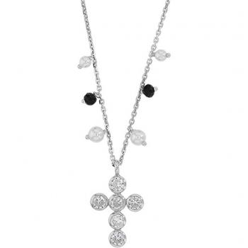 Collier Les Trésors De Lily R4956 Croce Gipsy Bianco Nero Argento Rhodii