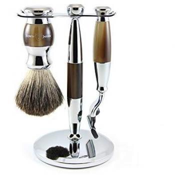 Kit de Rasage 3 Pièces - Blaireau, Rasoir et Support - Noir et Chrome