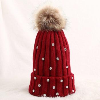 Warm Knitted Beanie Hat with Fur Pom Pom