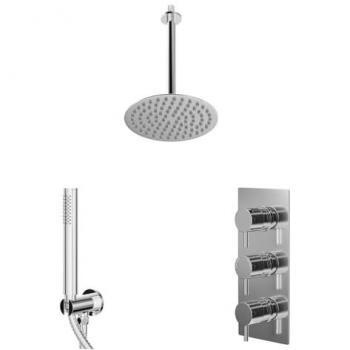 Wholesale Domestic Circo Polished Concealed Triple Thermostatic Shower Valve and Round Head with 300mm Ceiling Arm and Outlet Holder with Kit | Chrome | Metal | 200mm