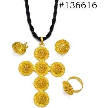 Ensemble de bijoux africains Habesha avec croix éthiopienne - collier, boucles d'oreilles et bagues #136516
