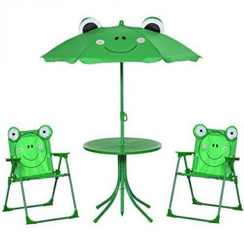 Ensemble salon de jardin enfant 4 pcs design grenouille - table ronde + 2 chaises pliables + parasol - métal époxy oxford vert