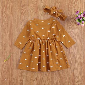 Girl's Casual Sun Print Dress with Ruffled Hem and Headband