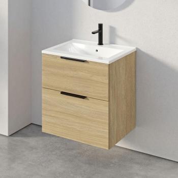 Mobiletto Tim 60 cm in Rovere Nebbia con Lavabo e Due Colonne Sospese