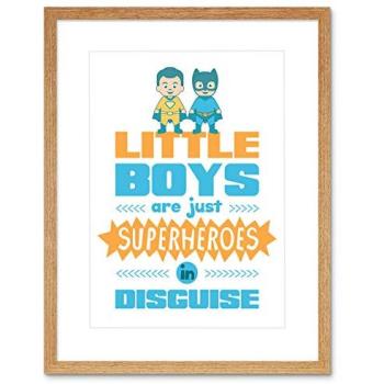 Kids Boys Superhero Print – Disguise Theme, White Framed (Beige) – 7 W x 9 H