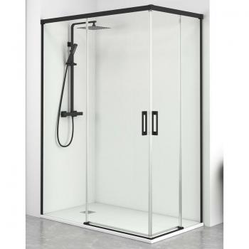 Mampara Rectangular Ducha Angulada con 2 Portas Deslizantes y 2 Paneles Fijos – Cristal Transparente 6 mm, Antical, Color Negro Mate 120 cm