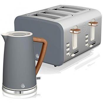 Grey 4-Slice Toaster and 1.7 Liter Kettle Bundle, Matte Finish by Swan in Nordic Kitchen Design