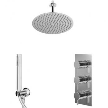 Wholesale Domestic Circo Polished Concealed Triple Thermostatic Shower Valve and Round Head with 150mm Ceiling Arm and Outlet Holder with Kit | Chrome | Metal | 300mm
