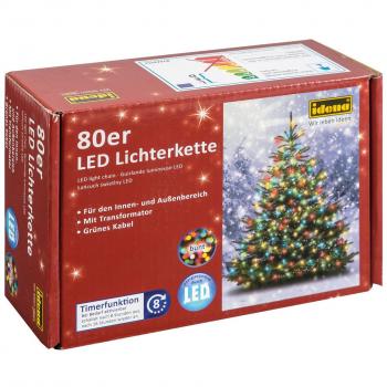 Idena 8325059 - LED Lichterkette mit 80 bunten LEDs, 8 Stunden Timer, 15,9 m lang