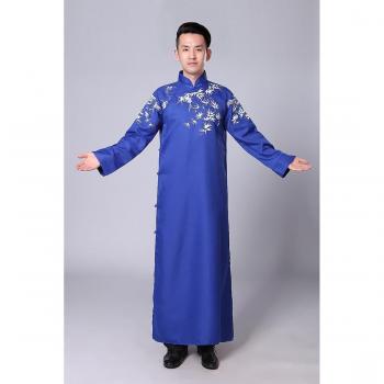 Blue Satin Printed Long Sleeve Men's Robe