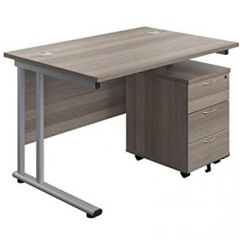 Heavy Duty 725h x 1200x800 mm Rectangular Cantilever Office Desk in Grey Oak-Silver with Mobile 3 Drawer