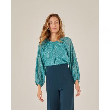 Blusa Verde Fluida con Cinturón de Lazada y Detalles en Lurex - NIZA