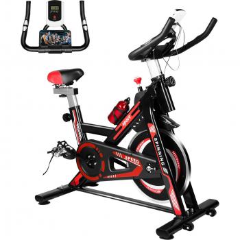 Rattantree Indoor Cycling Bike with 10kg Heavy Flywheel, Padded Seat and LCD Display (Black-Red)