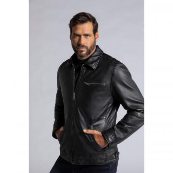 Bomber in pelle di agnello con colletto da camicia, Uomo, Nero, Taglia: 4XL, Cuoio/Poliestere/Cotone