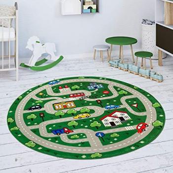 Tappeto Gioco Bambini Stradale Verde 80 cm Rotondo Riscossato Antiscivolo