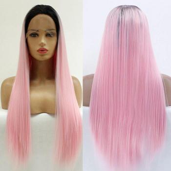 Peluca Bombshell con malla frontal sintética, color negro-rosa, lisa, resistente al calor, fibra natural, estilo medio para mujer