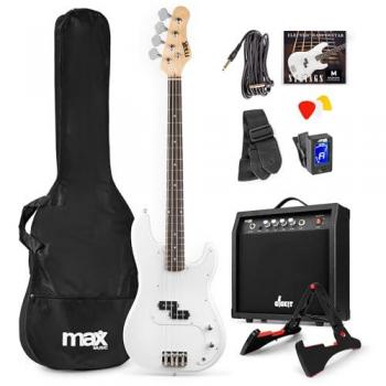 Basso Elettrico White Max GigKit con Accessori per Chitarra