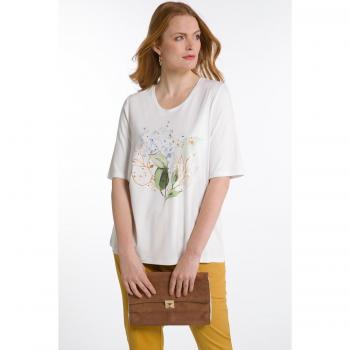 Plus Size Floral Glitter Stud Accent Stretch Knit T-Shirt, Women, Beige, Size 16/18, Viscose