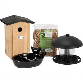 Set nichoir en bois pour oiseaux avec mangeoire + bain et graines - Beige/Noir