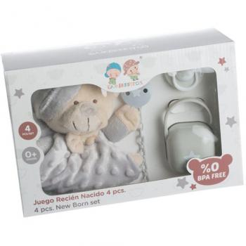 Dou dou personalizado con nombre bordado + chupete + cadena + cajita portachupete (Gris)