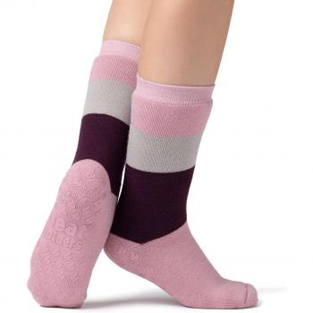 1 Pair Ladies IOMI FootNurse Dual Layer Raynaud's Thermal Slipper Socks - Block Stripe Rose