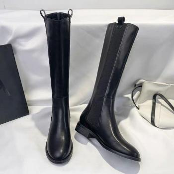 Women's Microfiber Leather Motorcycle High Boots - Black Low Heel Winter Footwear