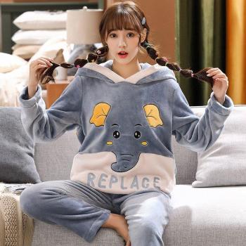 Thick Hooded Flannel Pajama Set for Couples - Lovely Elephant, 3XL