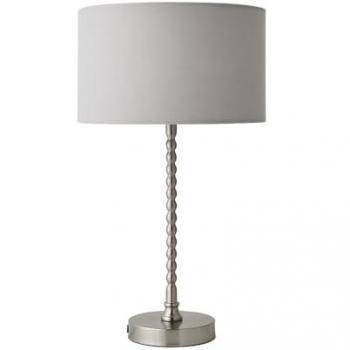 Maeve Gray Fabric Drum Lamp Shade – Brushed Chrome Bobbin Bobble Table Lamp with LED Bulb