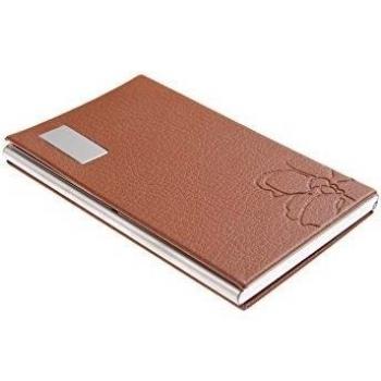 Estuche para tarjetas de visita elegante, acero inoxidable y polipiel con flores, marrón, Mod. 439-04