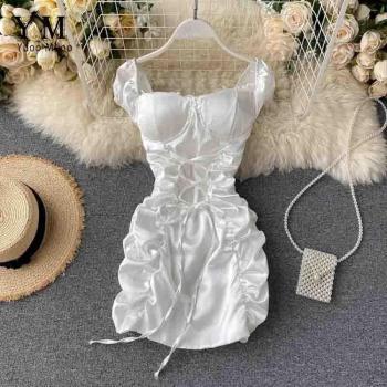 Vestido Mini Vendaje Sexy Mujer Verano Ajustado Hombros Descubiertos Rosa Blanco