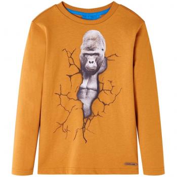 MangaLarga Ocre Kids: Camiseta Juvenil con Cuello Redondo y Diseño Gorila