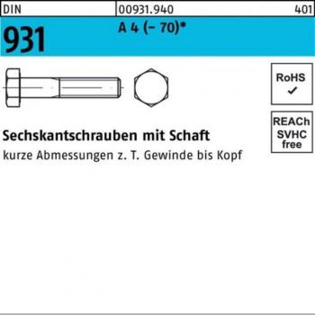 DIN 931 A4-70 Sechskantschraube M12x50 50 Stück mit Schaft