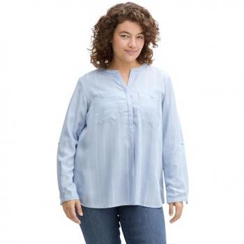 TOM TAILOR Damen Plus Size - Gestreifte Bluse mit Brusttaschen, blau, Gestreift, Gr. 48